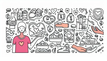 Charity hand, money, blood donation doodle line icon. Charity volunteer, support, blood donor concept icon set. Volunteer heart, donate food hand drawn doodle sketch style line. perfect any project.