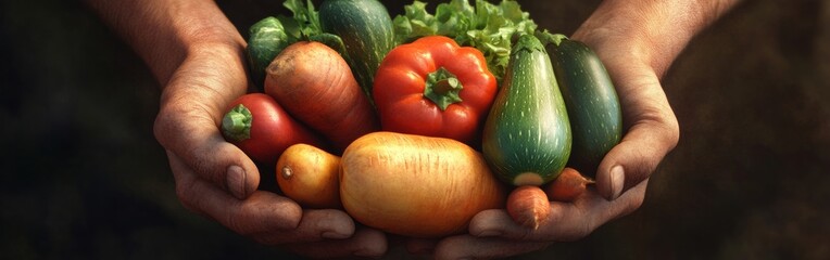 Farmer's hands cradle a diverse selection of freshly harvested vegetables, showcasing vibrant colors and unique textures. This bountiful collection symbolizes hard work and nature's abundance