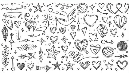 Doodle cute star, heart, arrow pen line elements. Doodle heart, emphasis, star, sparkle decoration symbol set icon. Simple sketch line style text decoration, emphasis elements. perfect any project.