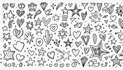 Fototapeta premium Doodle cute star, heart, arrow pen line elements. Doodle heart, emphasis, star, sparkle decoration symbol set icon. Simple sketch line style text decoration, emphasis elements. perfect any project.