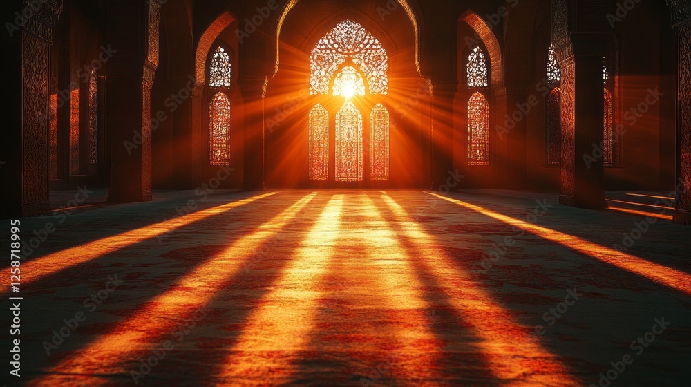 Poster in the early morning light, warm rays illuminate the elegant architecture of the mosque, casting bea