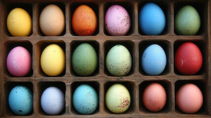 Obraz premium A close-up view of a colorful assortment of eggs, showcasing various shades and textures in a neatly arranged box.