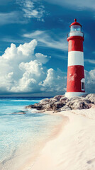 Fototapeta premium Majestic red and white lighthouse stands tall on sandy beach under a bright blue sky with fluffy clouds