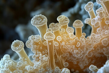 Generative AI illustration of microscopic bacterial forms showcasing vivid molecular structures and glowing effects