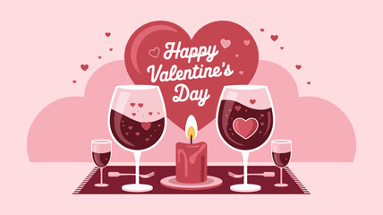 Two glasses of wine, a lit candle, and a heart in the background, symbolizing a romantic Valentine's Day dinner on a plain white background.