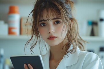 Young woman in a lab coat holding a tablet, surrounded by scientific equipment in a modern lab