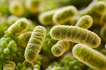 Generative AI illustration of microscopic bacterial forms showcasing vivid molecular structures and glowing effects