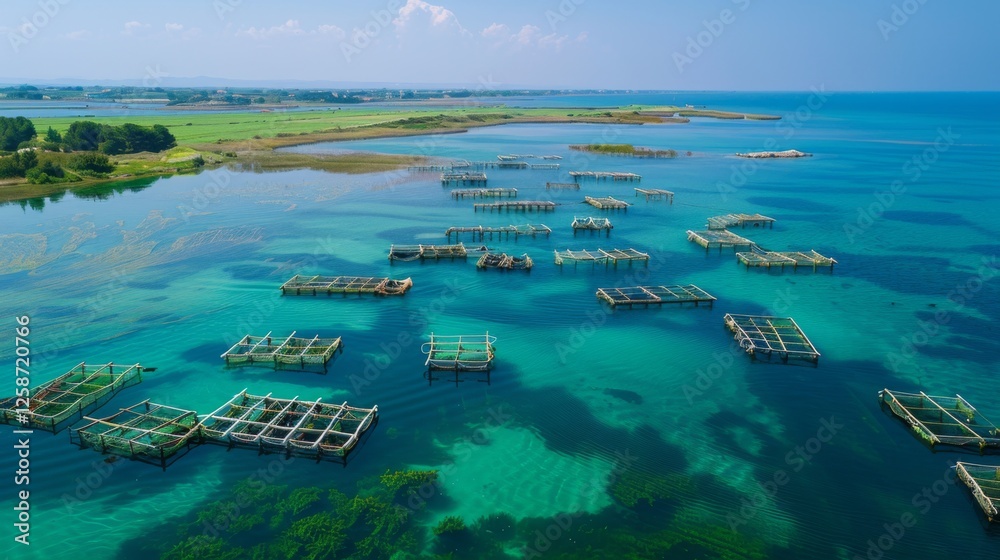 Poster Floating fish farms are arranged in a grid pattern across a serene coastal lagoon, surrounded by lush green fields and clear blue skies on a sunny day.