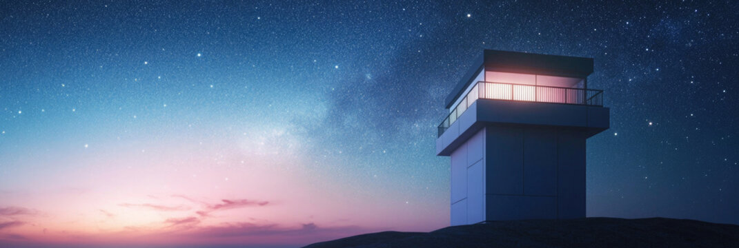Dusk sets over a watchtower under a starry sky with a glowing horizon and vibrant colors