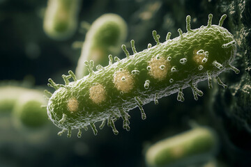 Naklejka premium Generative AI illustration of microscopic bacterial forms showcasing vivid molecular structures and glowing effects