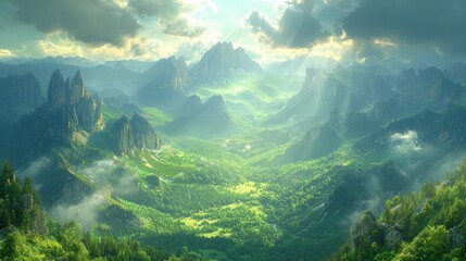 Fototapeta premium Majestic Mountain Valley Sunlit Green Landscape