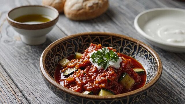 A beautifully plated dish of Turkish şakşuka sits in a rustic ceramic bowl, its vibrant mix of golden fried eggplant, zucchini, and bell peppers coated in a rich, garlicky tomato sauce. 