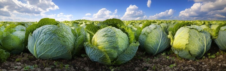 Rows of ripe cabbages stretch across the field, basking under the bright sun and clear blue sky. The vibrant greens reflect a healthy harvest season, inviting admiration for nature's bounty
