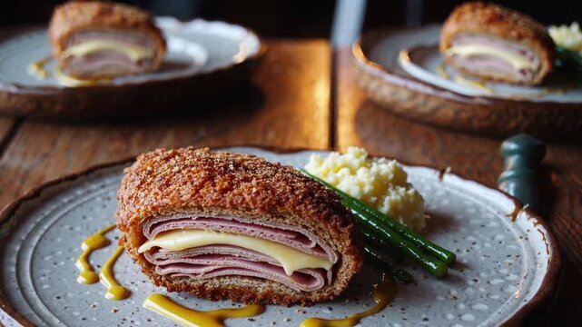 A beautifully plated golden-brown chicken cordon bleu sits on a rustic ceramic dish, its crispy breadcrumb coating perfectly fried to a deep golden hue.