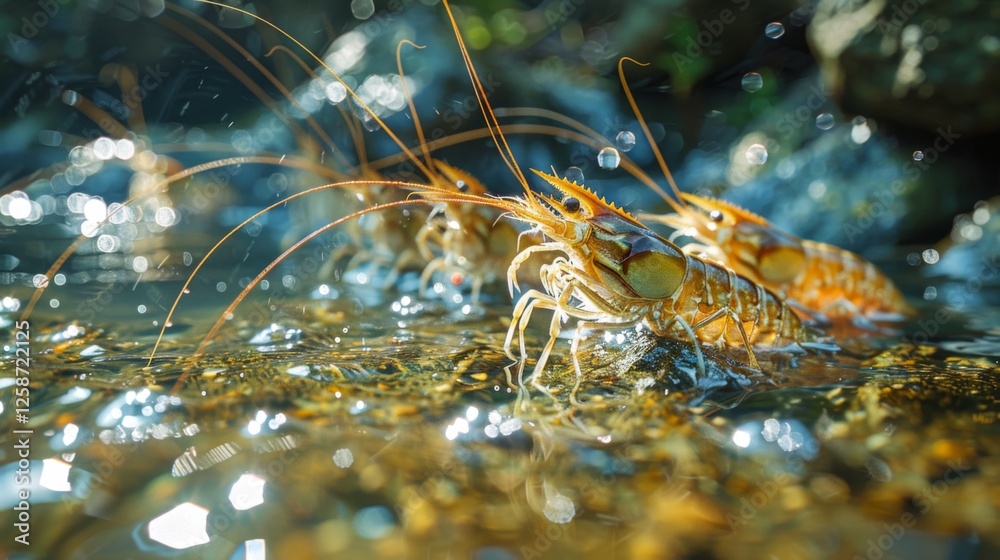 Poster several crawfish are seen navigating through a shallow stream under bright sunlight, surrounded by p