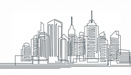 Obraz premium Continuous line city building. One single outline cityscape continuous construction. Editable stroke building background. perfect any project.