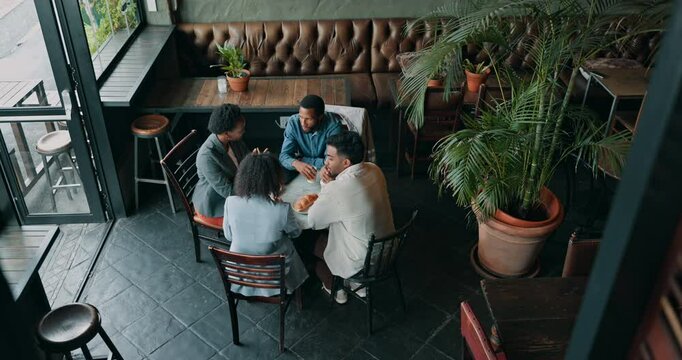 Business people, team and meeting in cafe, talking or idea for corporate restaurant franchise at breakfast. Group, cooperation or discussion at coffee shop together for financial planning or top view