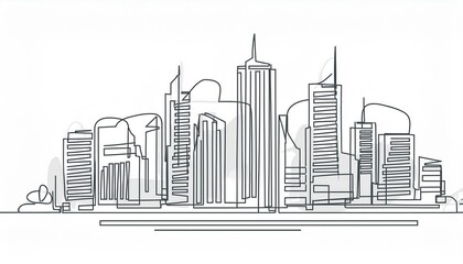 Obraz premium Continuous line city building. One single outline cityscape continuous construction. Editable stroke building background. perfect any project.