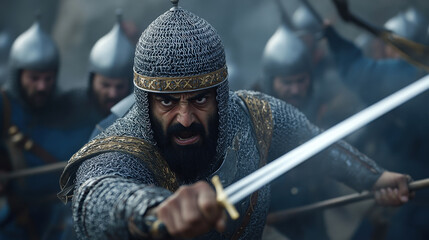 Arabic islamic muslim soldier warrior in armor fighting in medieval holy war islam crusade