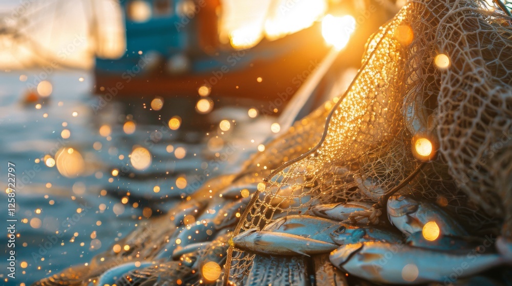 Poster fresh fish rest in a fishing net, sparkling with droplets as the sun sets over the calm ocean waters