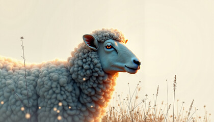 Sheep silhouette with a friendly expression standing amidst grass on a soft background
