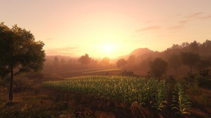 Naklejka premium Serene Sunset Over Lush Cornfield Landscape