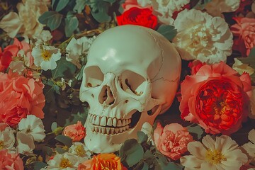 Macro shot of a skull among florals with soft cinematic lighting and bokeh effect.