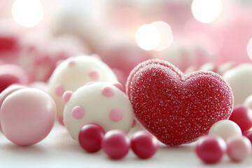 Obraz premium Valentine's Day candies with pink, red, and white colors, heart shaped