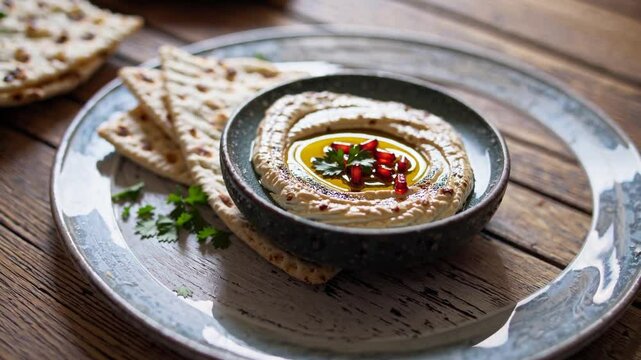A beautifully arranged bowl of creamy baba ganoush sits on a rustic wooden table, its smooth, smoky roasted eggplant pur&eacute;e drizzled with golden olive oil and sprinkled with pomegranate seeds and fresh