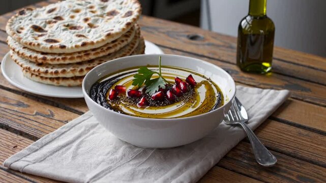 A beautifully arranged bowl of creamy baba ganoush sits on a rustic wooden table, its smooth, smoky roasted eggplant pur&eacute;e drizzled with golden olive oil and sprinkled with pomegranate seeds and fresh