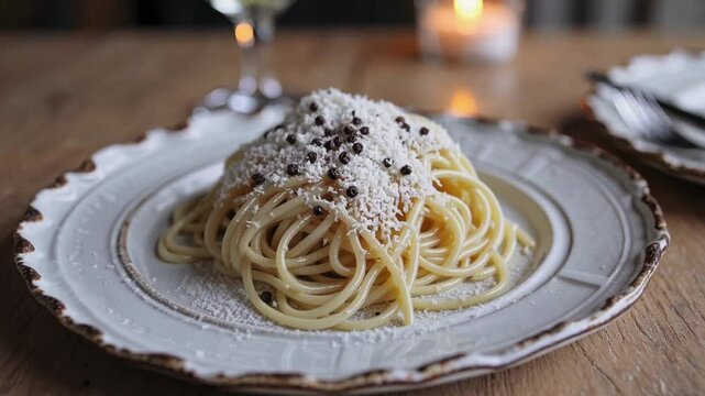 A beautifully plated dish of Cacio e Pepe sits on a rustic white ceramic plate, its perfectly cooked al dente spaghetti glistening with a rich, velvety sauce made from aged Pecorino Romano and freshly