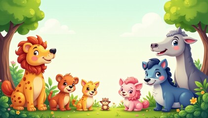 Naklejka premium Friendly cartoon animals, diverse species, whimsical style, jungle, cartoon