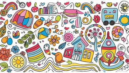 Fototapeta premium Children school, kindergarten vector doodle set. Cute daycare hand drawn flower, toy, animal elements. Childish cute preschool activity, education doodle background. perfect any project.