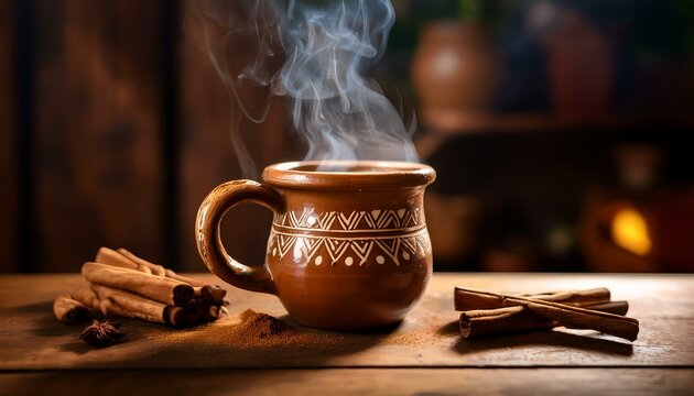 Generated image. Caf&eacute; de olla mexicano en taza de barro con canela