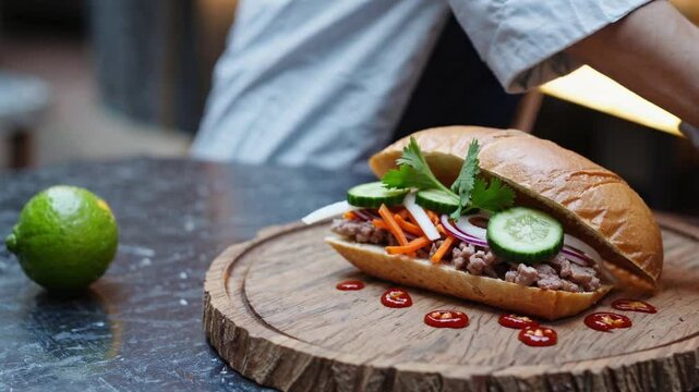 A freshly made Vietnamese b&aacute;nh m&igrave; sandwich sits on a rustic wooden board, its crispy golden baguette sliced open to reveal layers of tender marinated pork, crisp pickled carrots and daikon, fresh cucu