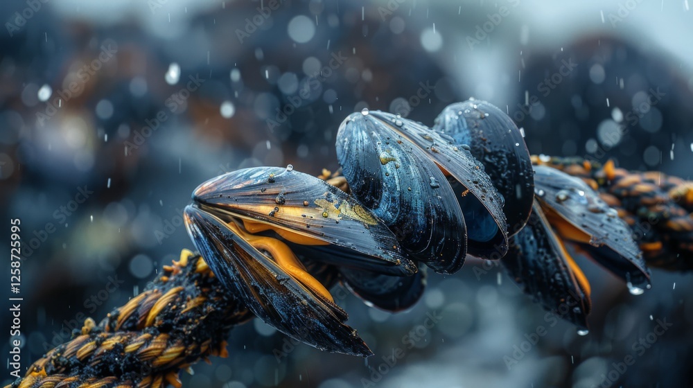 Aufkleber mussels are seen firmly attached to a rope covered in droplets of rain, showcasing their resilience 