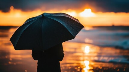 Silhouette woman, umbrella, ocean sunset, beach, solitude