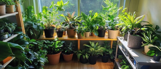 Lush Indoor Plant Collection in Bright Sunlit Room with Green Leaves