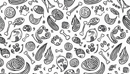Cat toy, fooprint pattern seamless. Hand drawn sketch doodle kitty cute element on white background. Fish bone, footprint, cat toy element. Pet veterinary pattern. perfect any project.