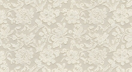 Un fondo texturizado que presenta intrincados motivos florales de encaje blanco sobre una superficie beige suave. El encaje tiene un diseño delicado
