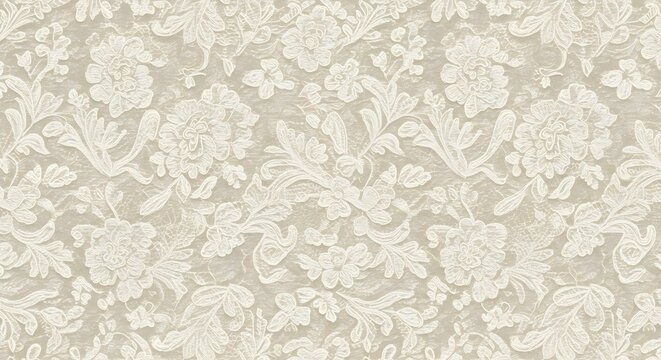 Un fondo texturizado que presenta intrincados motivos florales de encaje blanco sobre una superficie beige suave. El encaje tiene un dise&ntilde;o delicado