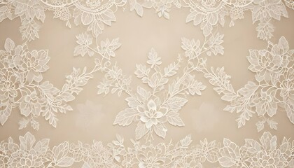 Un fondo texturizado que presenta intrincados motivos florales de encaje blanco sobre una superficie beige suave. El encaje tiene un dise&ntilde;o delicado