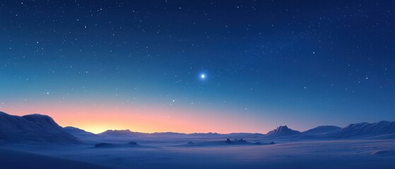 Serene Night Sky Over Snowy Landscape with Glowing Stars and Horizon