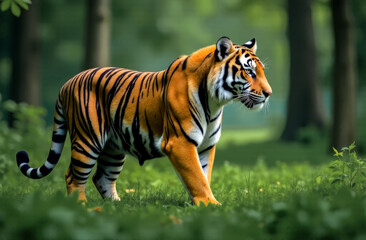Obraz premium World Wildlife Day. An adult tiger stands in a green clearing in the middle of a forest on a summer day