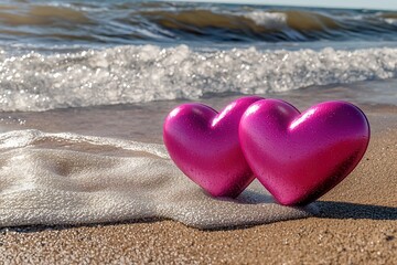 Fototapeta premium Two pink hearts on the beach symbolizing love, Valentine's Day concept. Generative Ai