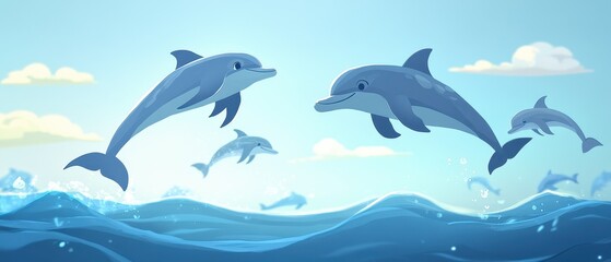 Naklejka premium Playful Dolphins Jumping Over Calm Ocean Waves in a Sunny Sky