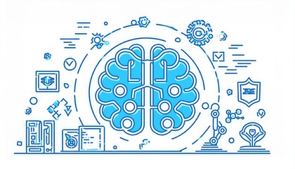 Obraz premium Artificial ai brain icon. Ai machine digital robot hand drawn doodle line icon. Artificial brain algorithm machine science concept. Hand drawn sketch style cute blue line. perfect any project.
