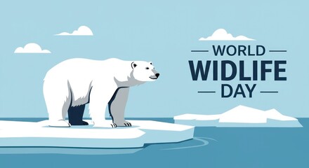 Fototapeta premium Polar bear standing on an ice floe for World Wildlife Day with a bright background and copy space