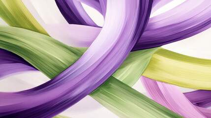 Dynamic lines intertwine high contrast abstract composition, featuring bold strokes of deep purple, soft lavender, and vibrant green. fluid motion and smooth texture create sense of energy and