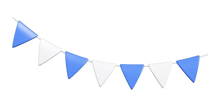 Party bunting 3d render with alternating flags - triangular pennants in blue white sequence, arranged on curved string. Decorative garland shows realistic material shading for celebration designs.